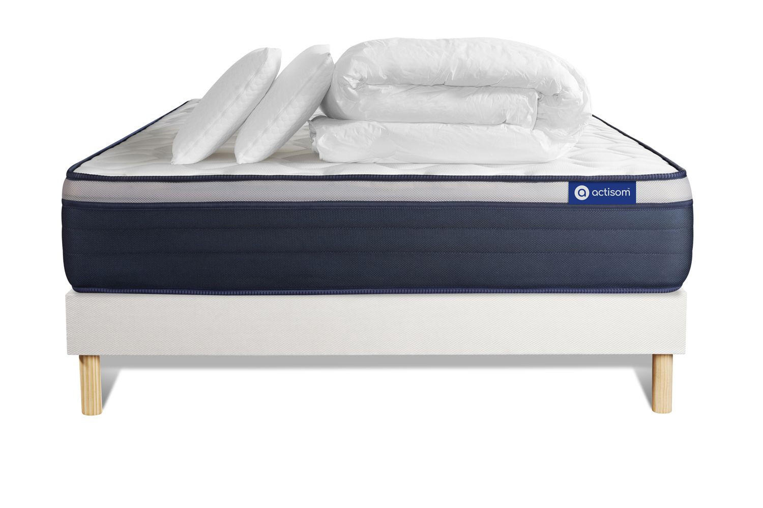 BETT Actiflex max Taschenfederkern und Memory-Schaum 180 x 200 cm h3 - Kit Bettgestell Weiß - Mit Kissen und Bettdecke - Beige/Weiß, Holz/Textil (180/200cm) - ACTISOM