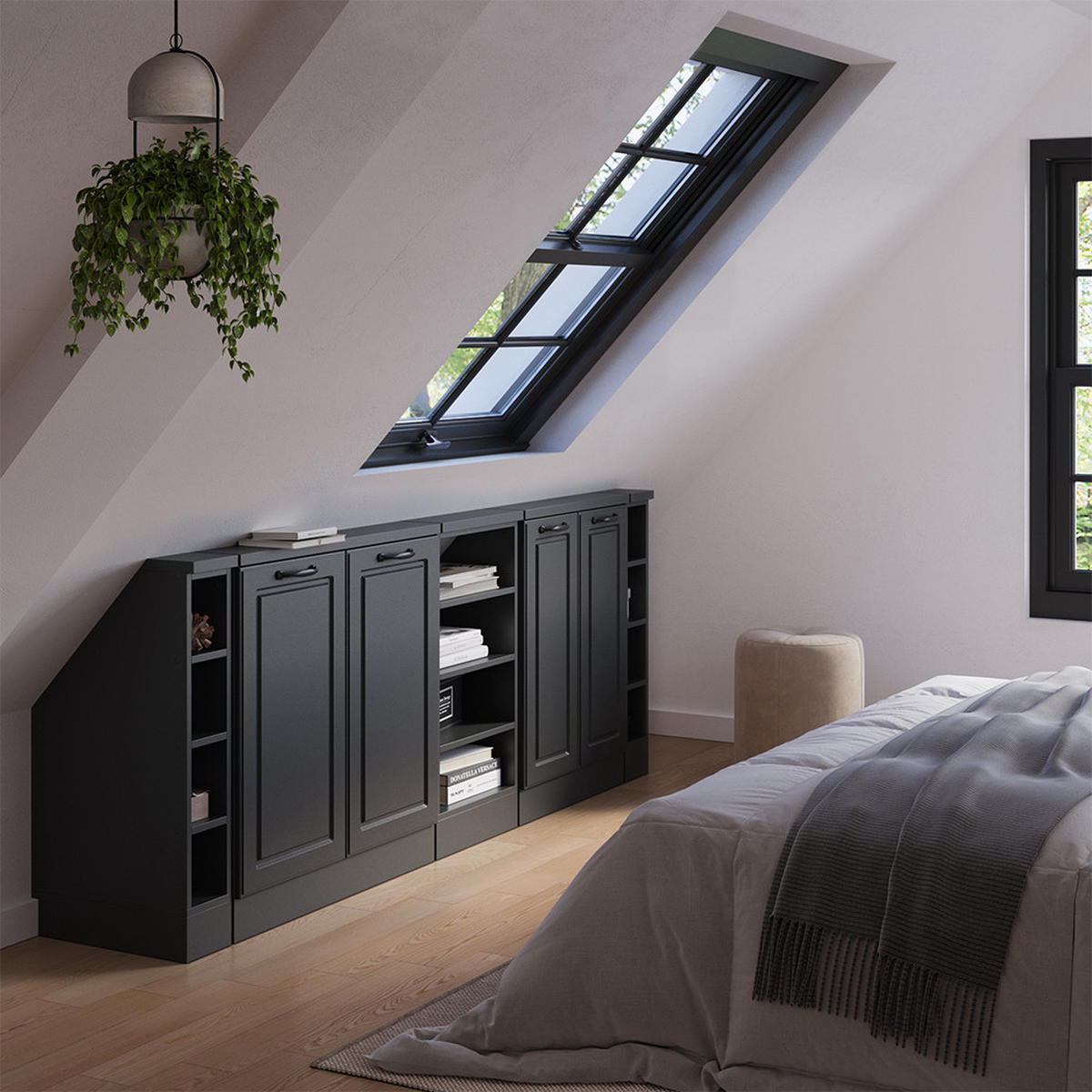 DACHSCHRÄGENSCHRANK-SET Rion Anthrazit Landhaus/Anthrazit 5er Set - Anthrazit, Holzwerkstoff (215/81.6/46cm) - Vicco