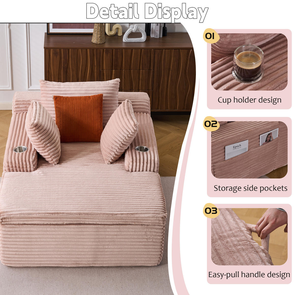 SOFA mit Chaiselongue Pink Cord - Pink, Kunststoff (112/63/165cm) - Meubliv