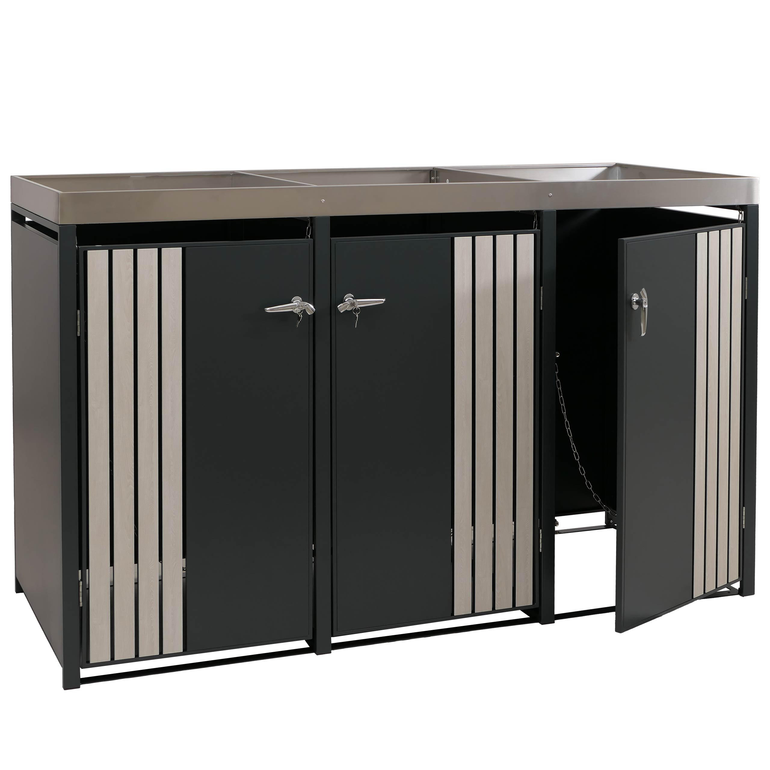 MÜLLTONNENBOX 3er mit Pflanzkasten HxBxT 125x196x84cm Anthrazit Holzoptik hell - Anthrazit, Metall (196/125/84cm) - PROREGAL