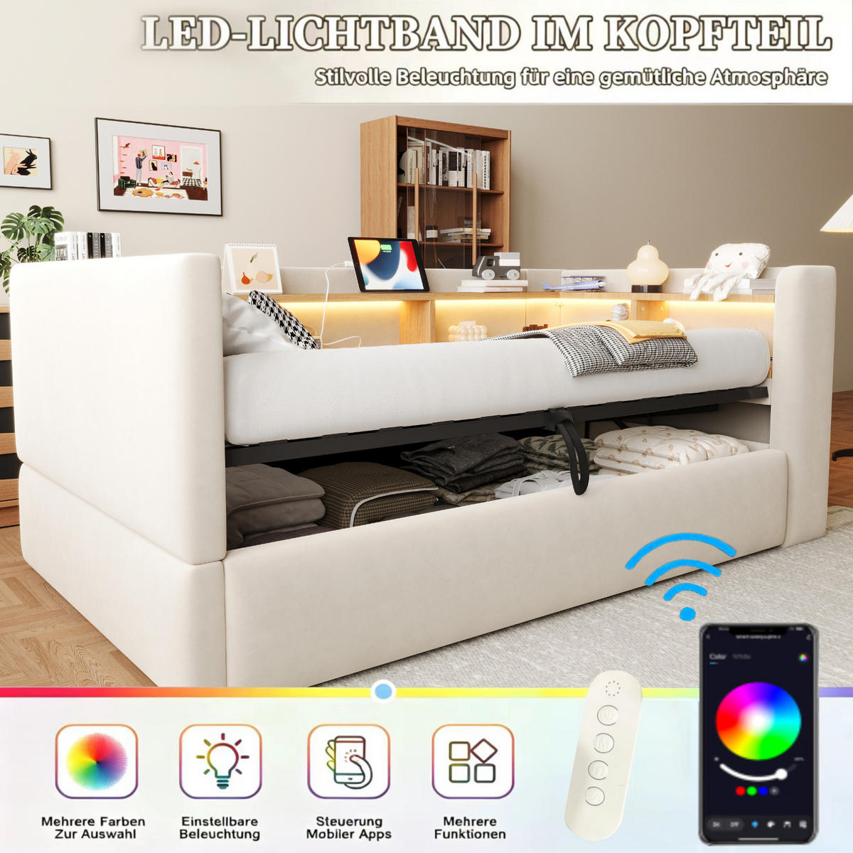 POLSTERBETT 90/190 cm aus Flanell mit LED-Beleuchtung und Steckdosen, Beige - Beige, Textil (90/190cm) - OKMYHOME