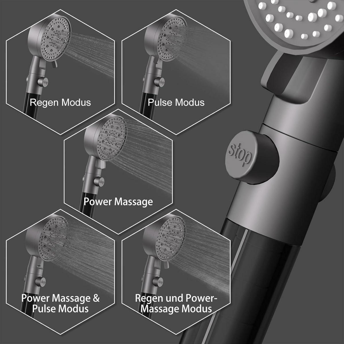 HANDBRAUSE Set mit 5 Strahlarten und 3 Filtern Grau - Grau, Kunststoff (7/12.7/25cm)