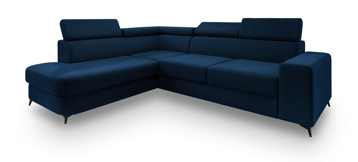 ECKSOFA ALVORO L-S Blau Velours-Stoff mit Schlaffunktion - Blau, Holz (253/190cm) - MASSENO