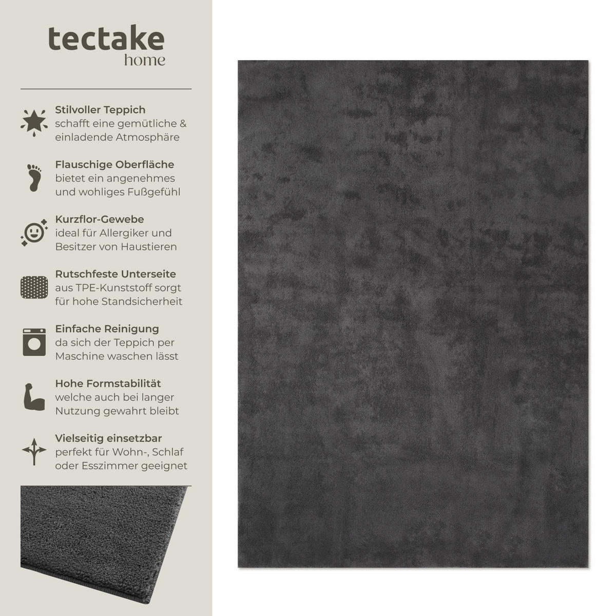KURZFLORTEPPICH Soft Zone,rutschfeste Unterseite,anthrazit - Anthrazit, Kunststoff (230/160cm) - tectake