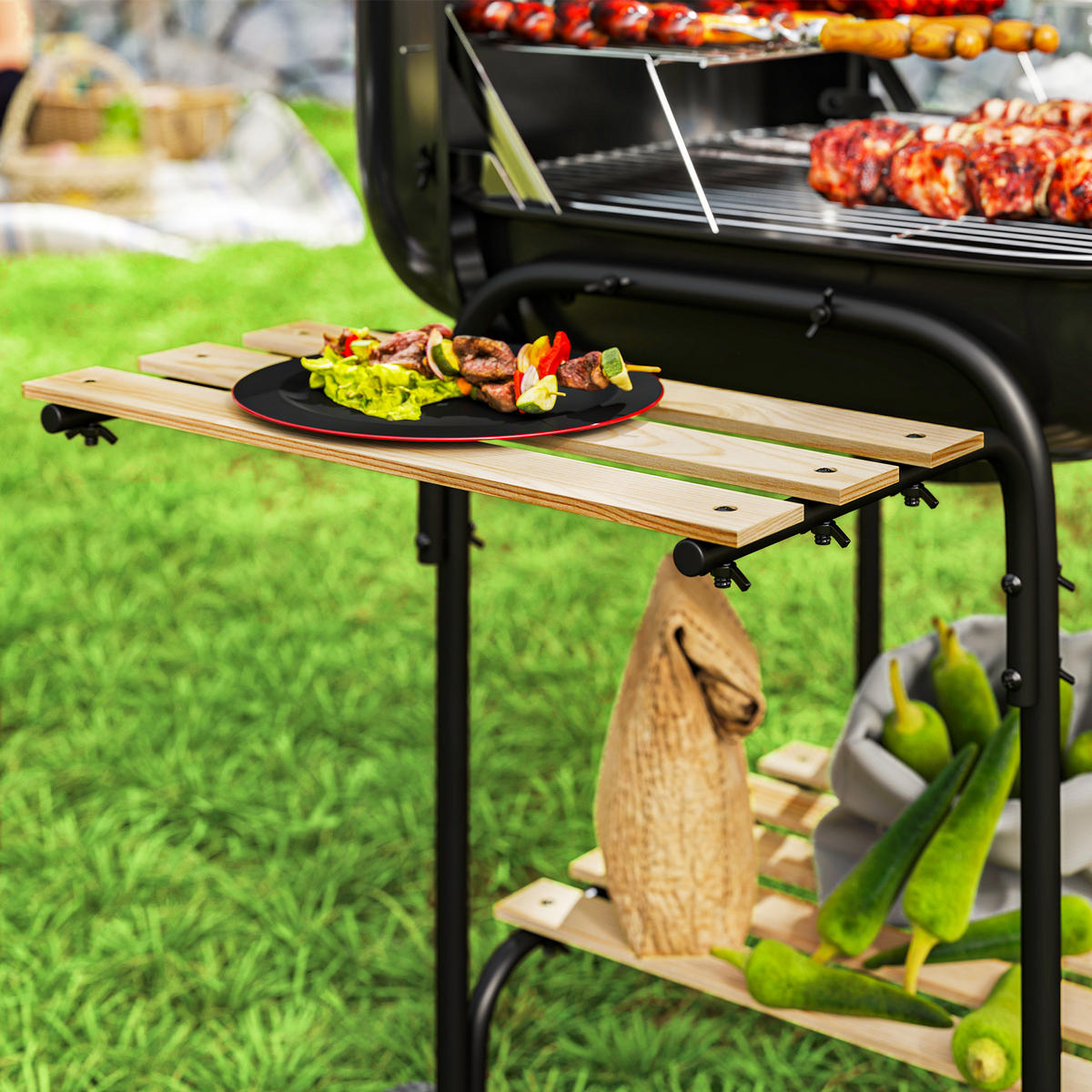 HOLZKOHLEGRILL DE-10299 mit abschließbarem Deckel & Holzablage Schwarz - Schwarz, Metall (54/91/98cm) - ComfortXL