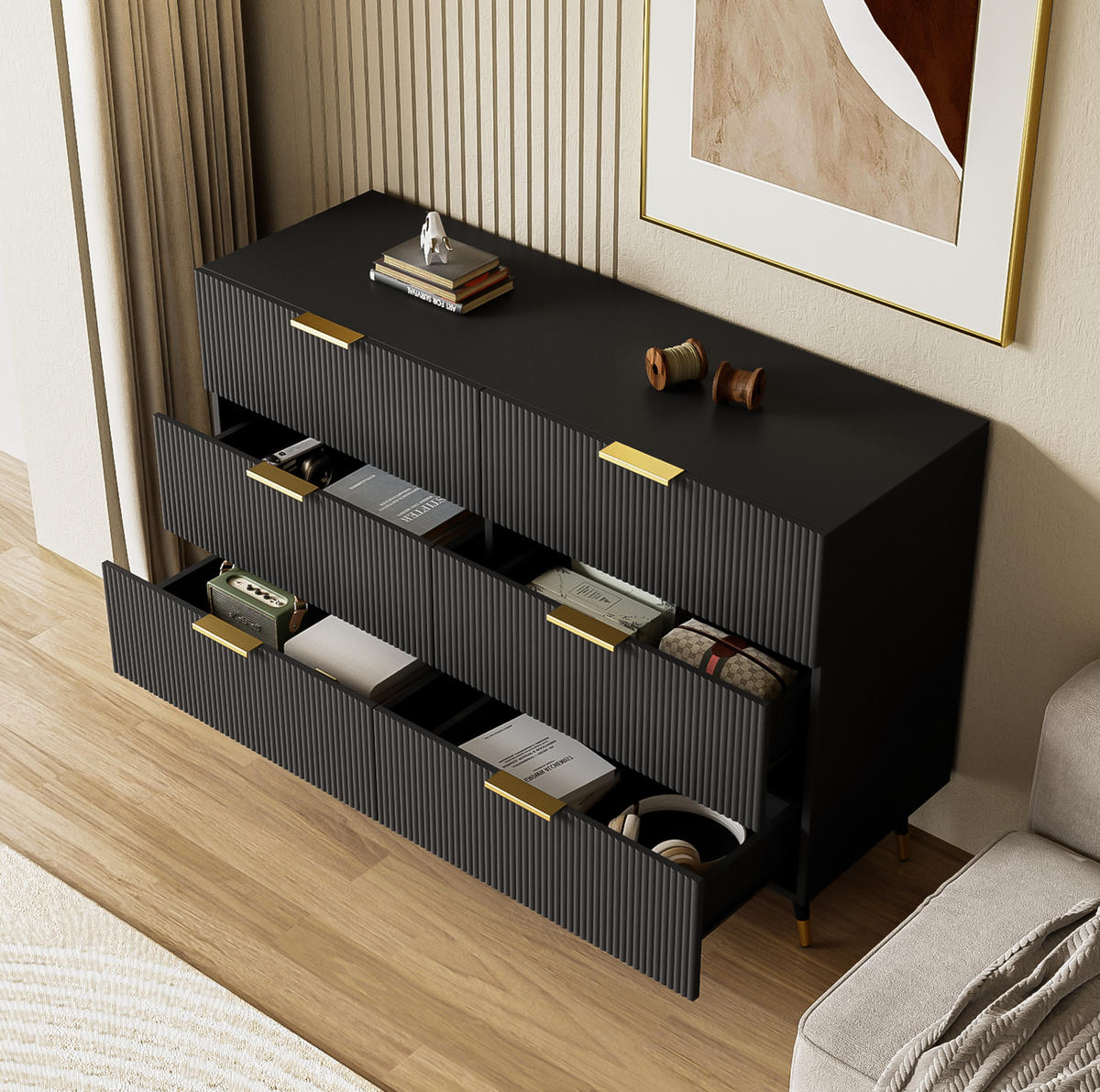 KOMMODE aus Spanplatte 120x77x40cm in Schwarz mit 6 Schubladen - Schwarz, Holzwerkstoff (120/77/40cm) - Modfu