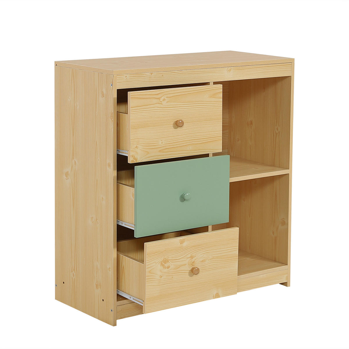 HOCHBETT 90/200 cm in Natur & Grün mit Rutsche, dreistufiger Treppe, Ablagefächern, Schubladenschrank und Kleiderschrank - Naturfarben, Holzwerkstoff (90/200cm) - STILVORA
