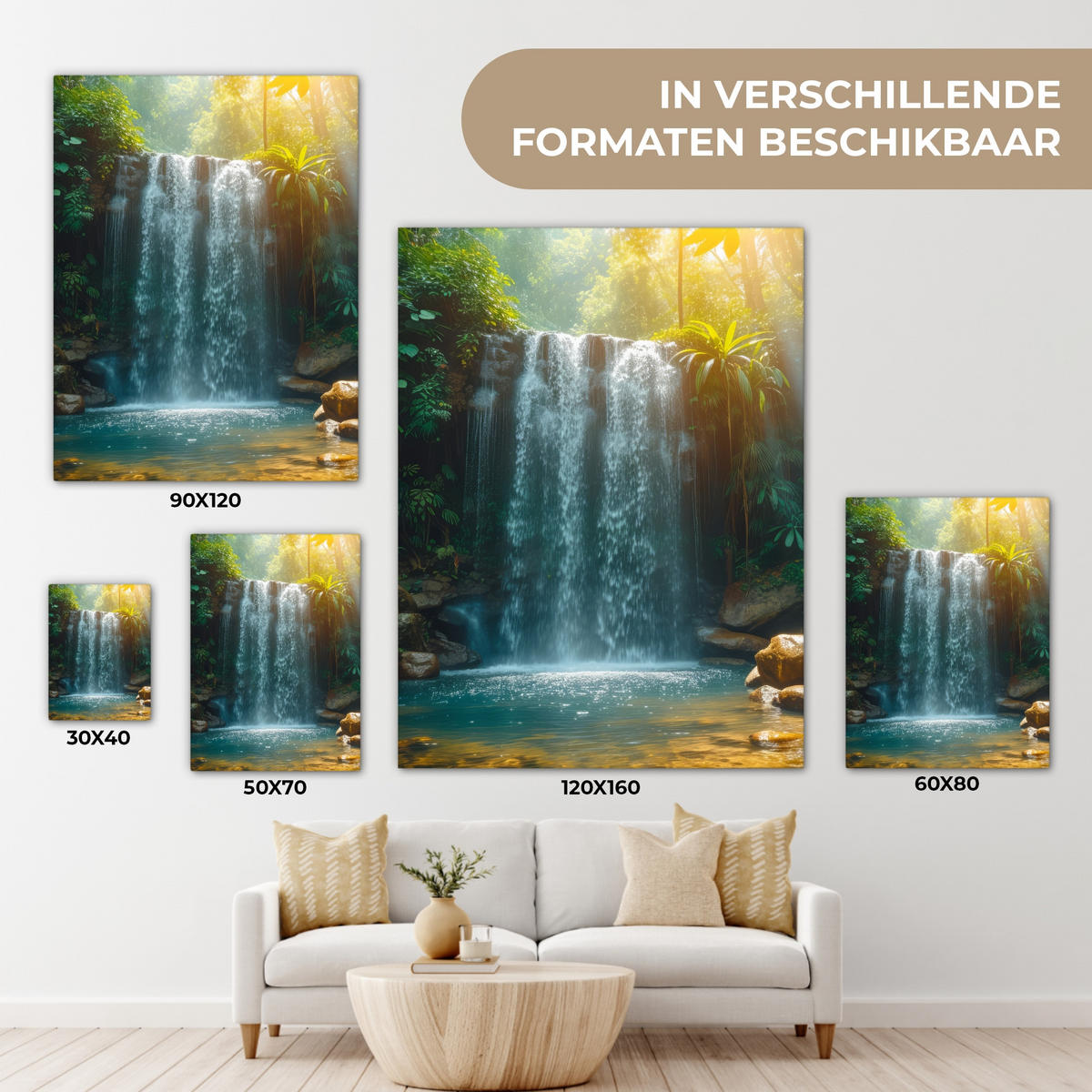 LEINWANDBILD Wasserfall - Dschungel - Sonne - Grün - Natur Room Decor 30x40 cm - Grün, Textil (30/40cm) - MuchoWow