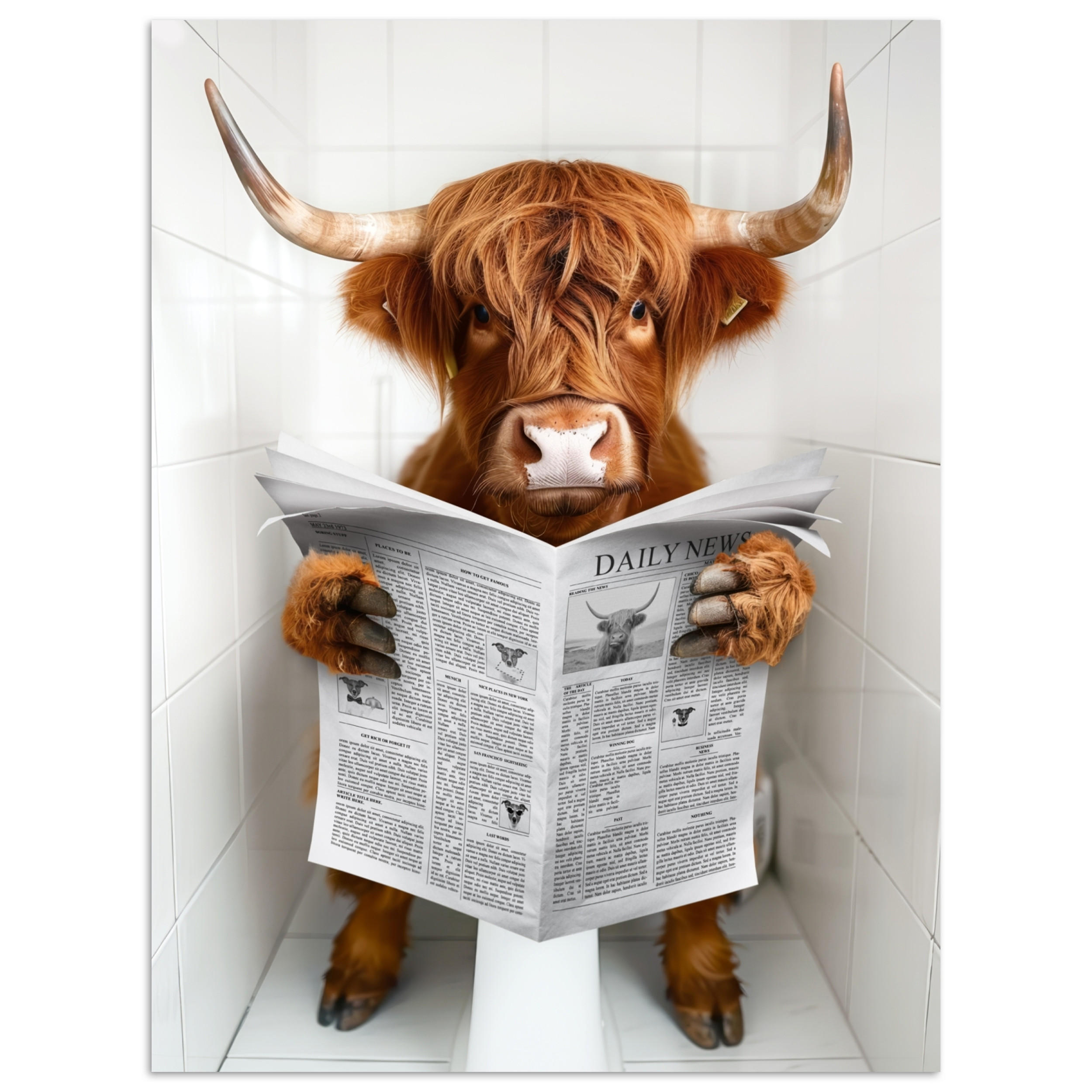 POSTER Schottisches Hochlandrind - Tier - Zeitung - Toilette 30x40 cm - Kastanienfarben, Papier (30/40/0.1cm) - MuchoWow
