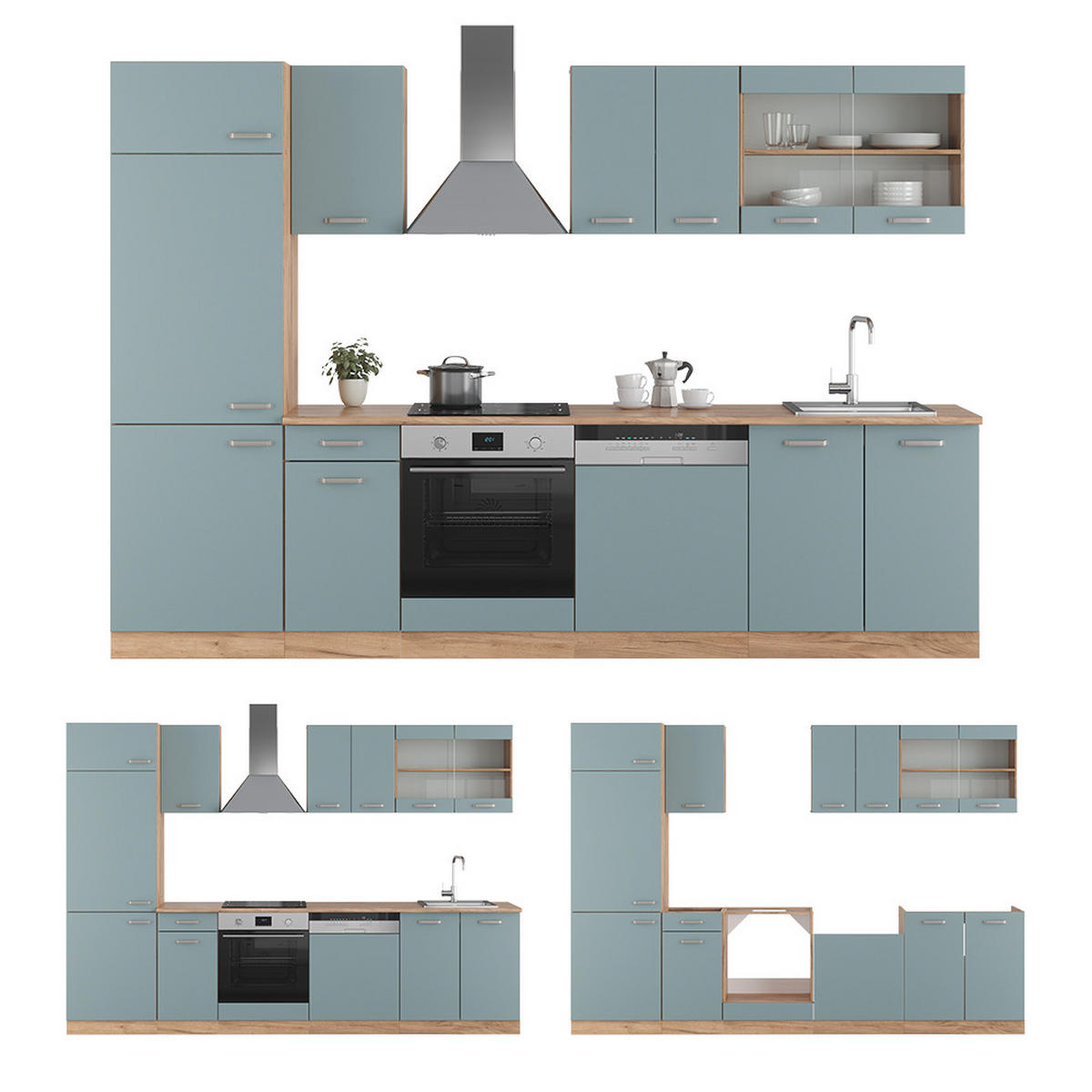 KÜCHENZEILE R-Line Blau-Grau/Goldkraft Eiche 300 cm, AP Anthrazit - Eiche Wotan/Blaugrau, Holzwerkstoff (300/81.6/60cm) - Vicco