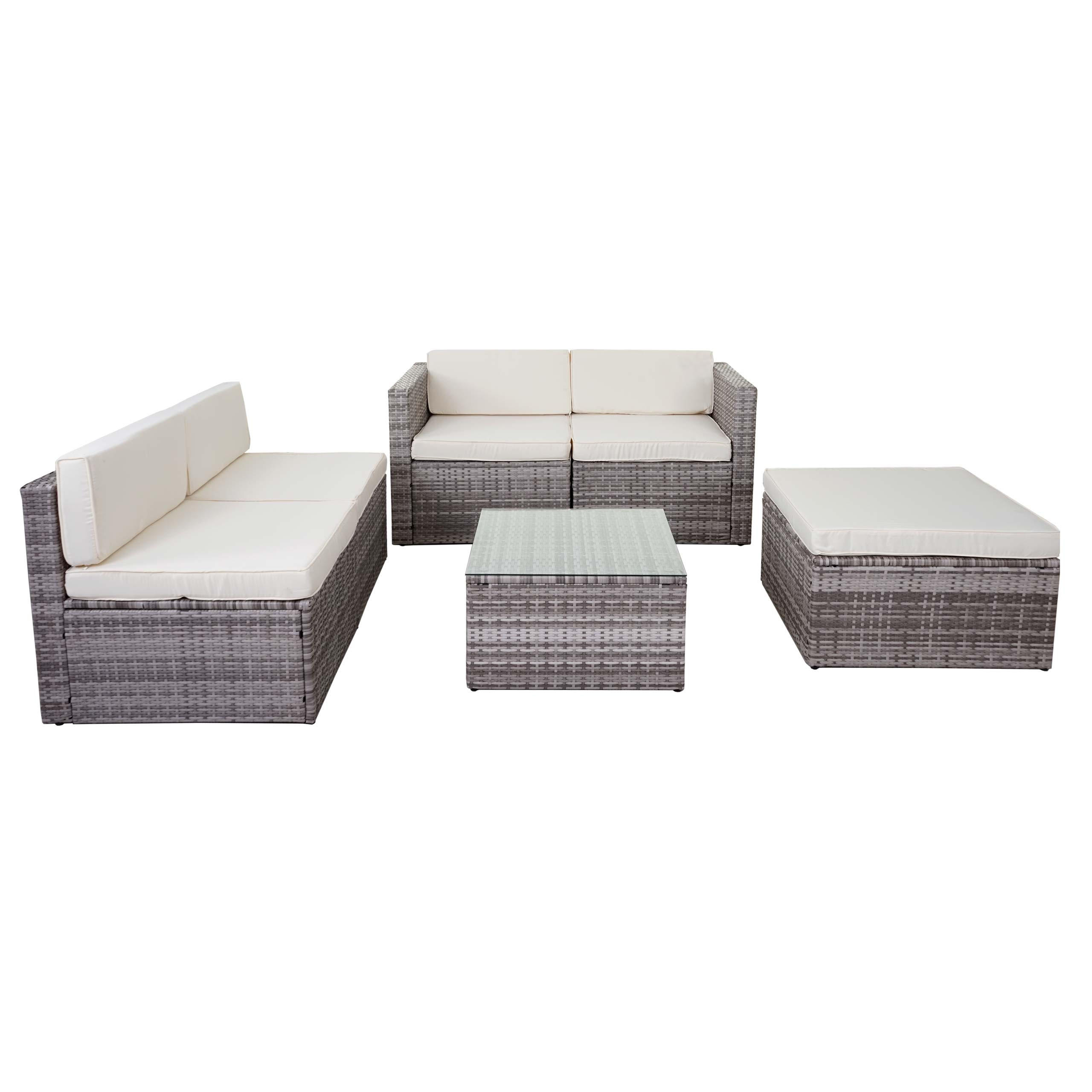 POLY-RATTAN-GARNITUR Grau, Cremeweiß - Weiß/Grau, Kunststoff - MCW