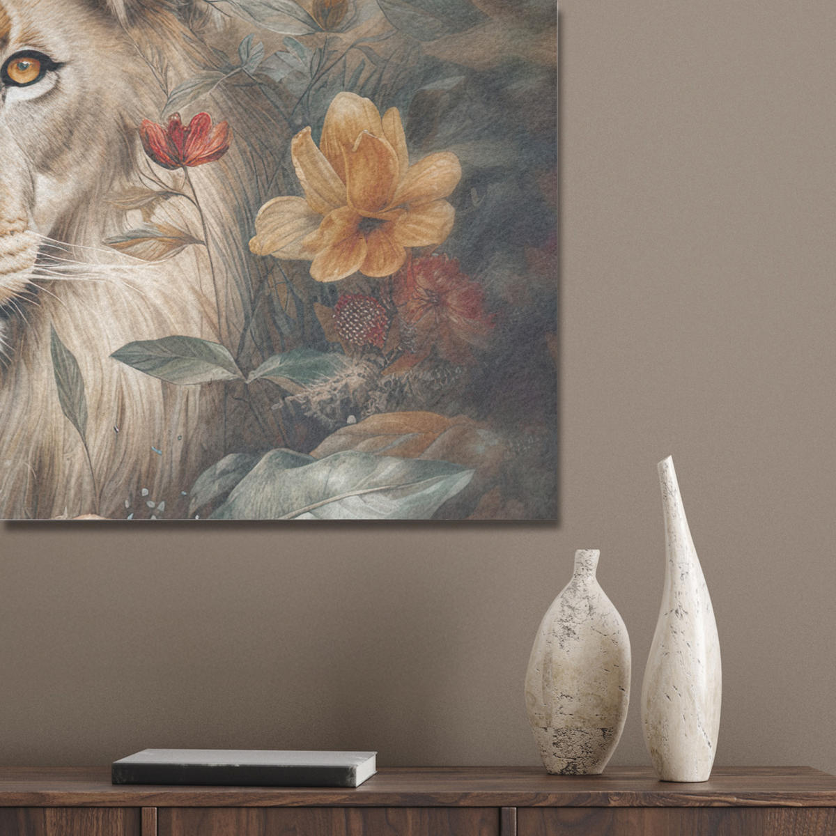 AKUSTIKBILD Löwe - Wildtiere - Pflanzen - Natur - Blumen Akustikpaneele 90x60 cm - Beige, Kunststoff (90/60/0.9cm) - MuchoWow