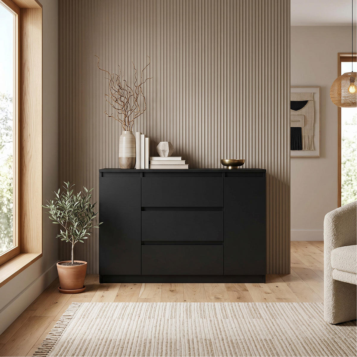 KOMMODE NUDO 120/78,5/39cm mit 3 Schubladen 2 Türen Schwarz - Schwarz, Holzwerkstoff (120/78.5/39cm) - MASSENO