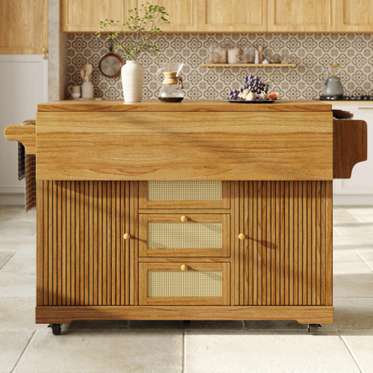 KÜCHENINSEL 142,5×40-80×95 cm aus MDF, Metall und PE-Rattan mit beidseitig klappbarer Tischverlängerung, dunkelbraun - Dunkelbraun, Holzwerkstoff (142.5/95/80cm) - Luhomfu