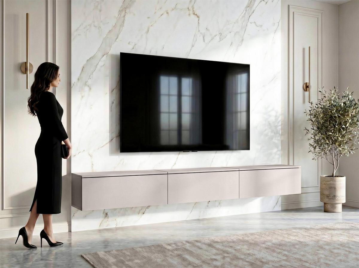 LOWBOARD Barvo 3x100 Beige Kaschmir 300/34/32 cm – hängendes TV-Board - Beige, Holzwerkstoff (300/34/32cm) - AX Living