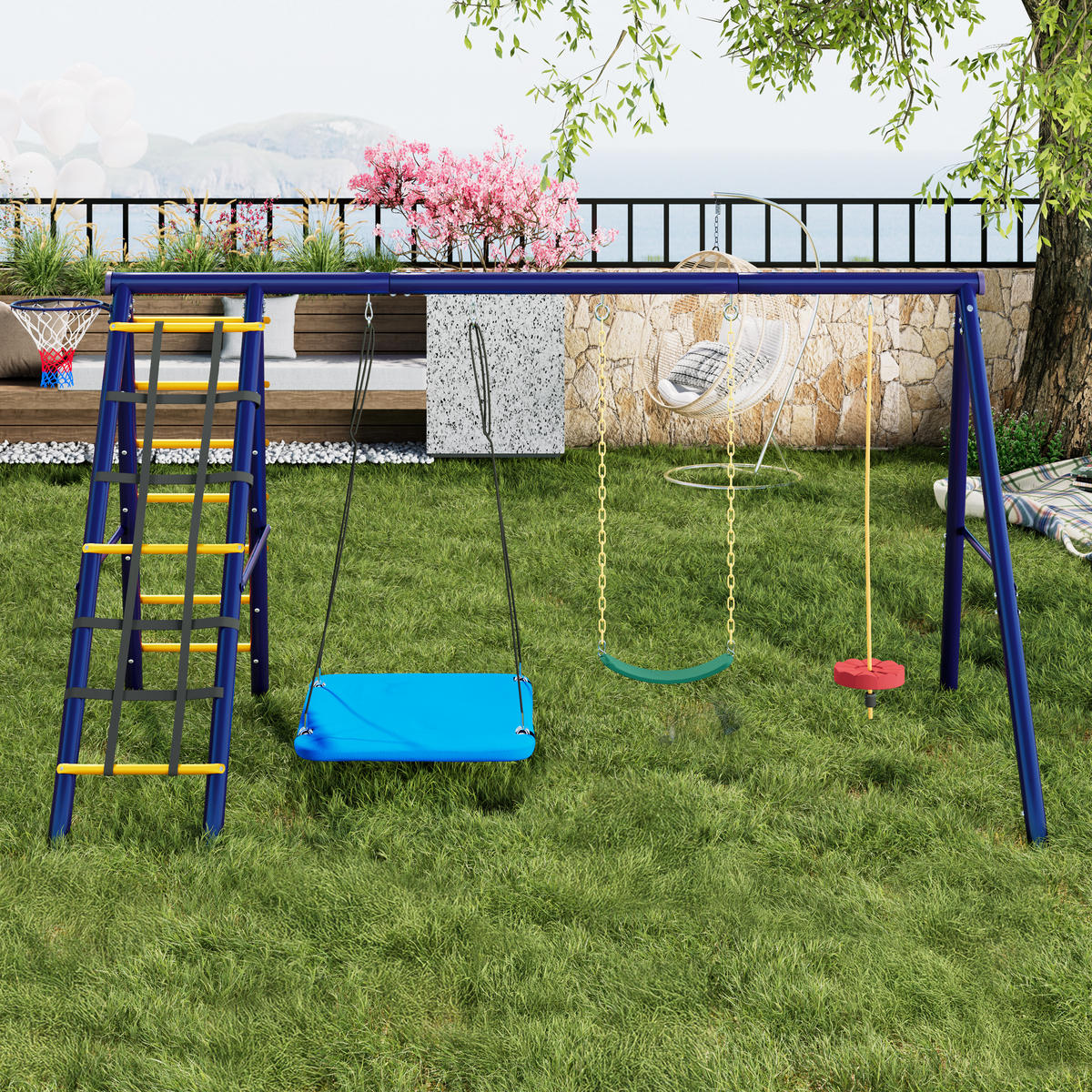 SCHAUKELSET Outdoor 3 Schaukeln - Blau, Metall (310/203/174cm)