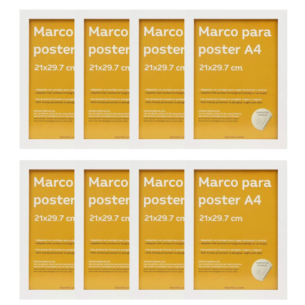 RAHMEN Set mit 8 aus MDF und Acrylglas Schutz und Aussteller für Fotografien, Bilder, Poster, Gemälde, Dekoration für Haus Farbe Weiß A4 - Weiß, Holz (21/3/29.7cm) - Nacnic