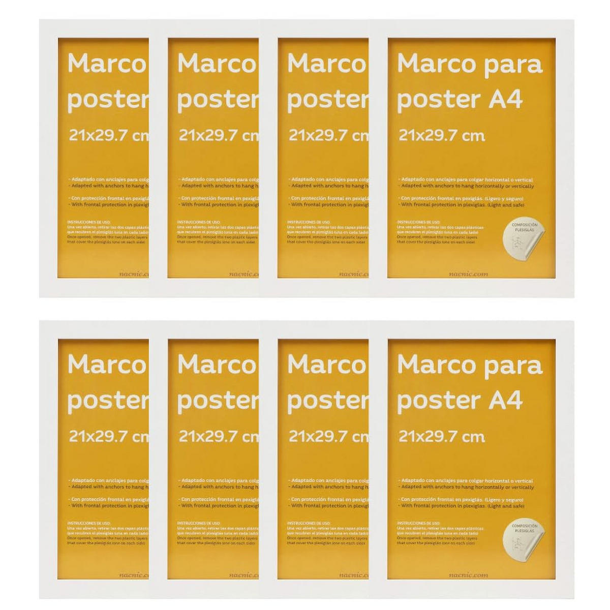 RAHMEN Set mit 8 aus MDF und Acrylglas Schutz und Aussteller für Fotografien, Bilder, Poster, Gemälde, Dekoration für Haus Farbe Weiß A4 - Weiß, Holz (21/3/29.7cm) - Nacnic