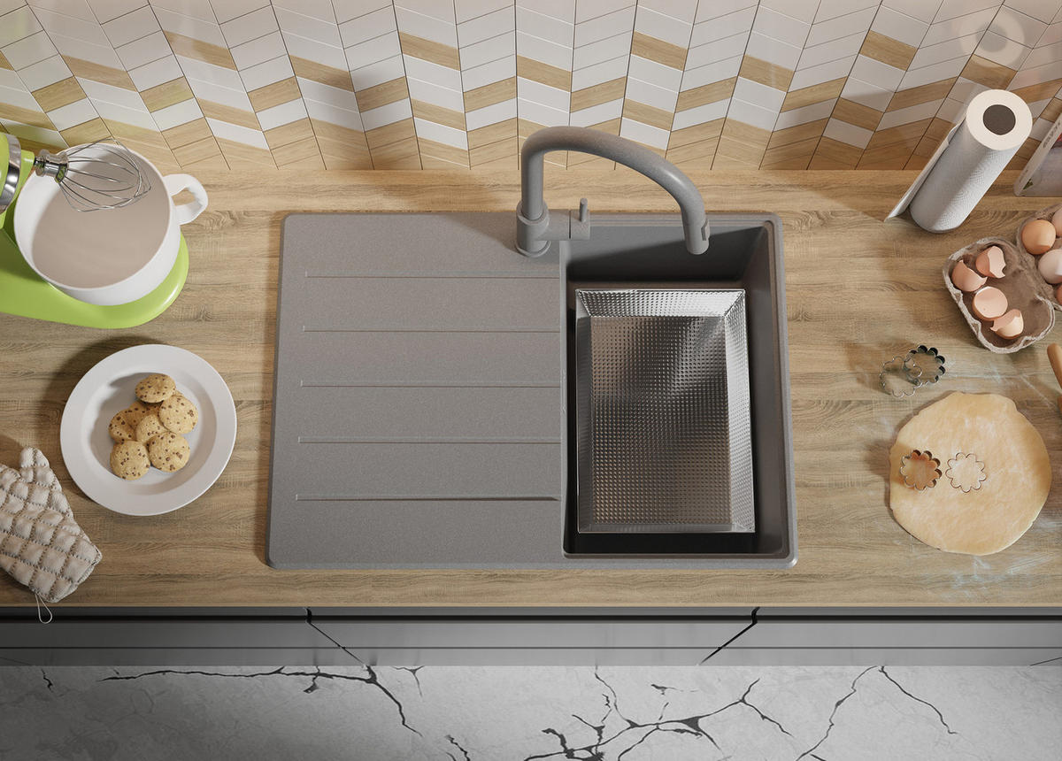 SPÜLBECKEN Kopenhagen, 2-er set Grau 70/50 cm 1 Becken + Ablauf-Set + Schneidebrett ab 40er Unterschrank - Chromfarben/Beige, Kunststoff (70/20/50cm) - Primagran