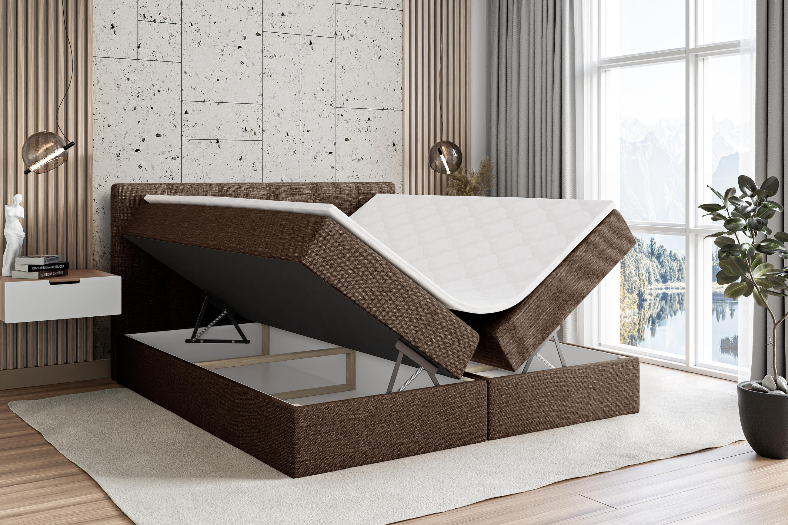 Thumbnail - Altdecor Boxbett, Braun, Holzwerkstoff, Höhe ca. 20 cm, 140x200 cm, Schlafzimmer, Betten, Boxspringbetten