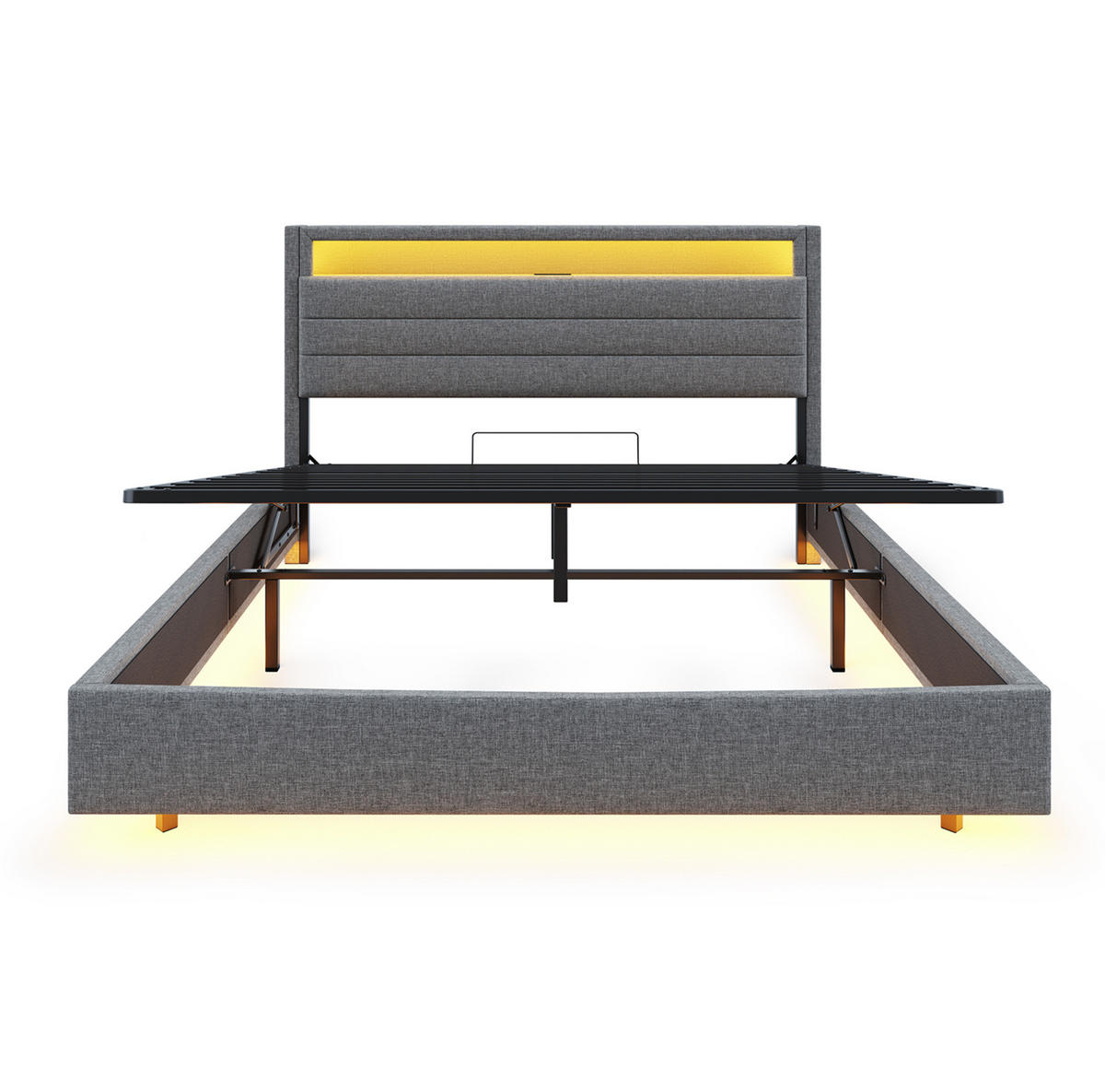 POLSTERBETT 160/200 cm Grau mit Stauraum, LED-Beleuchtung und USB-Anschluss - Grau, Textil (160/200cm) - Flora Grace