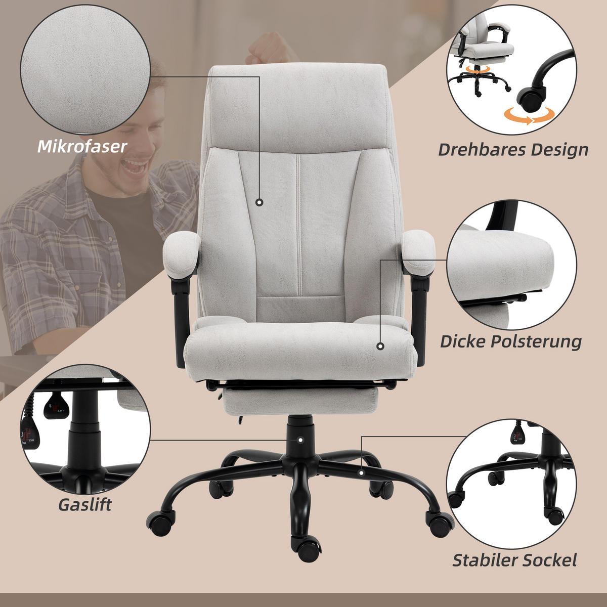 MASSAGE-BÜROSTUHL, 111-119cm Schreibtischstuhl mit Heizfunktion - Hellgrau, Kunststoff (74/119/65cm) - Vinsetto