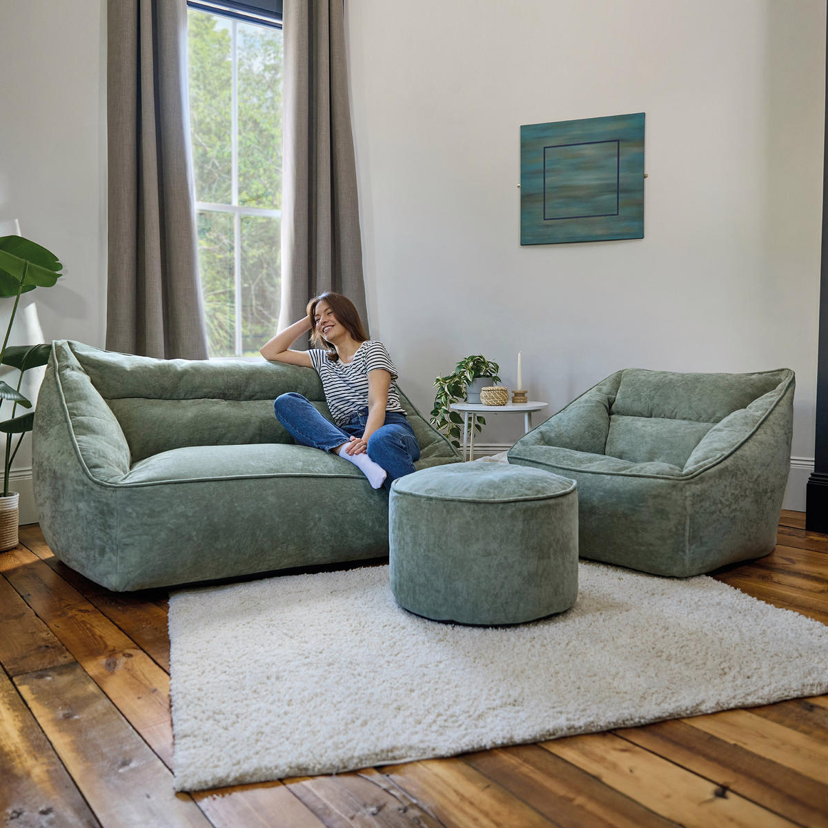 SITZSACK-SET 3 tlg, Sofa Chenille Cecilia, Sitzsack Sessel mit Hocker - Salbeigrün, Kunststoff/Textil (160/70/93cm) - icon