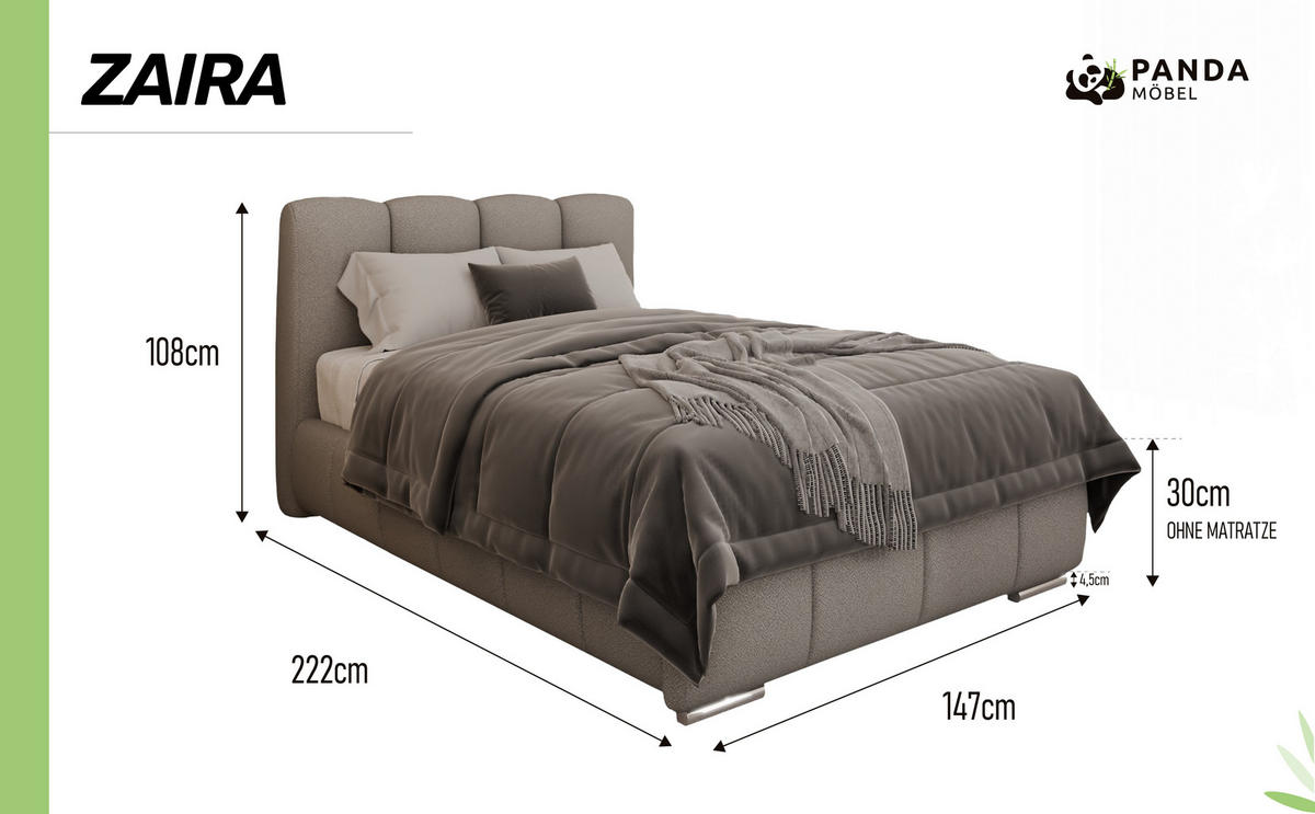 POLSTERBETT Zaira 120 x 200 cm mit Bettkasten und Lattenrost taschenfederkernmatratze mit kokos 19cm - grau - Grau, Holz (120/200cm) - Panda Möbel