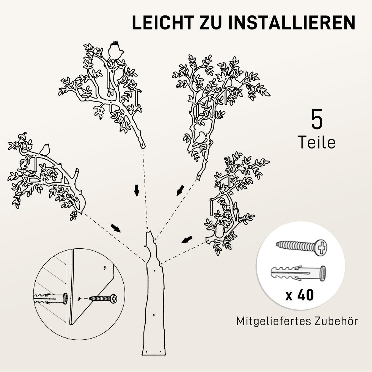 GARDEROBENHAKEN Wandgarderobe in Baum-Form mit 4 Vögeln, 120 x 175 cm, Schwarz - Schwarz, Metall (120/175/5cm) - HOMCOM
