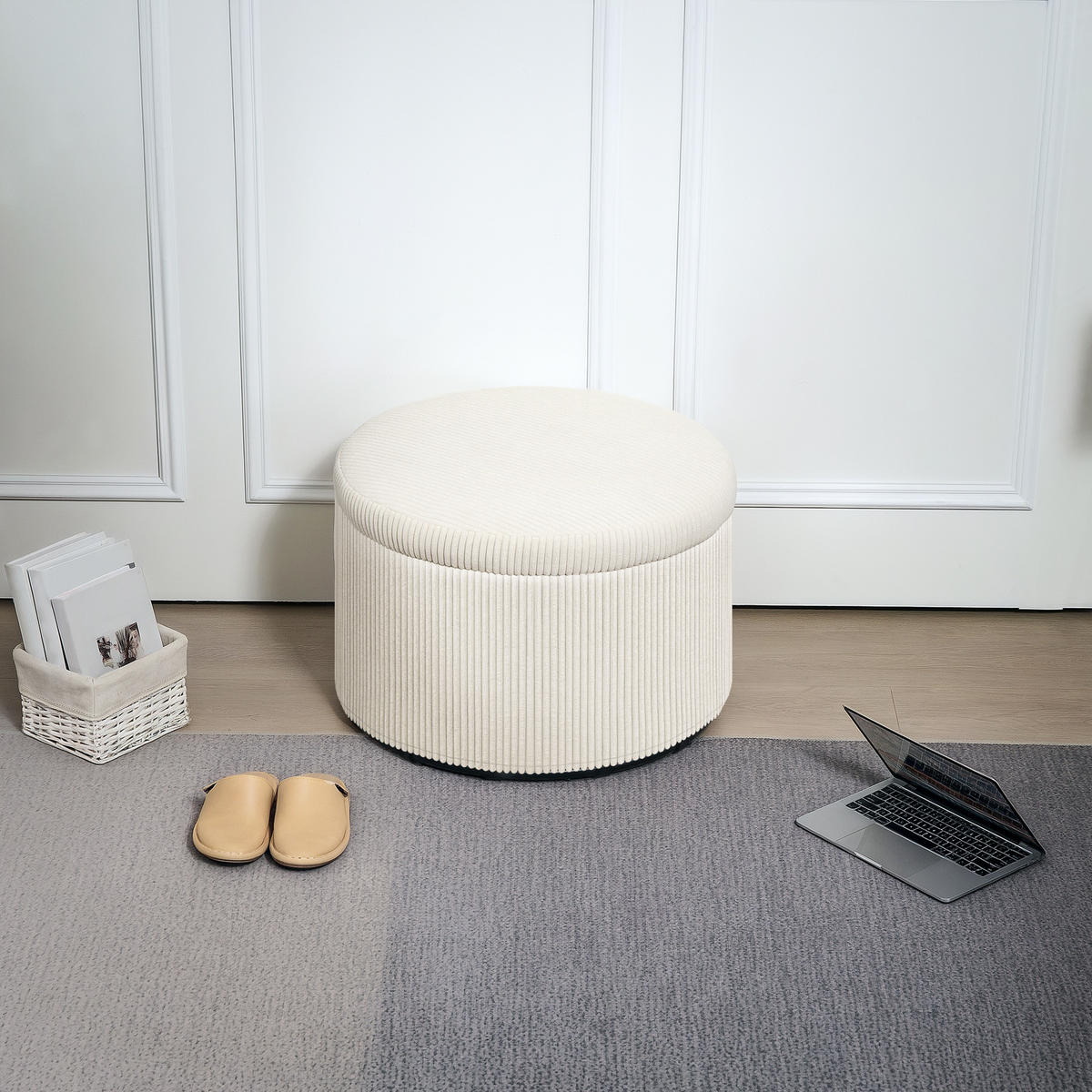 SITZHOCKER mit Stauraum Hocker mit Deckel, Runder Polsterhocker für Wohnzimmer - Beige, Holzwerkstoff (60/41/60cm) - HOMCOM