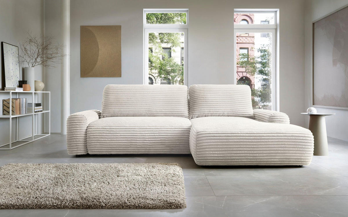 ECKSOFA OSSO Creme Velours-Stoff mit Schlaffunktion - Creme, Holz (264/162cm) - MASSENO