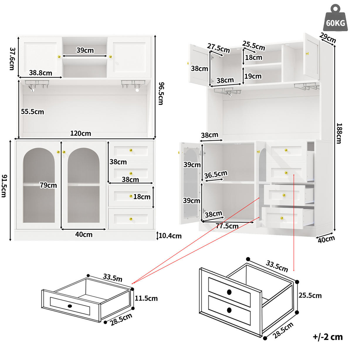 BUFFET 120/40/188 cm in Weiß mit LED-Beleuchtung und Fluted-Glas - Weiß, Holzwerkstoff (120/188/40cm) - Flora Grace