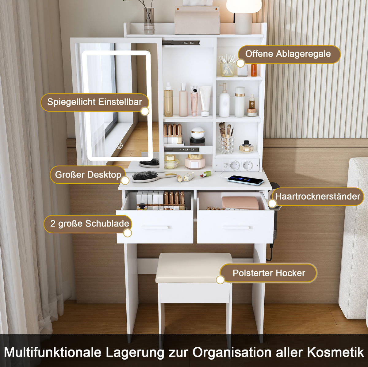 SCHMINKTISCH aus MDF 60x36x136 cm Weiß mit LED-Beleuchtung, USB, Steckdosen, Stauraum und gepolstertem Hocker - Weiß, Holzwerkstoff (60/136/36cm) - Modfu