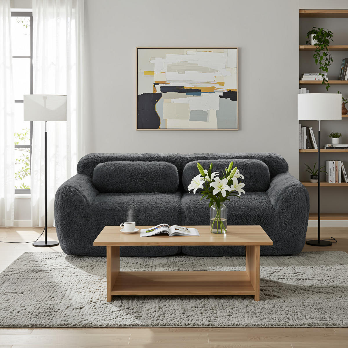 2-SITZER SOFA plüschstoff grau mit rahmenlosem design & rutschfester basis - Grau, Textil (204/73/104cm) - Urban Meuble