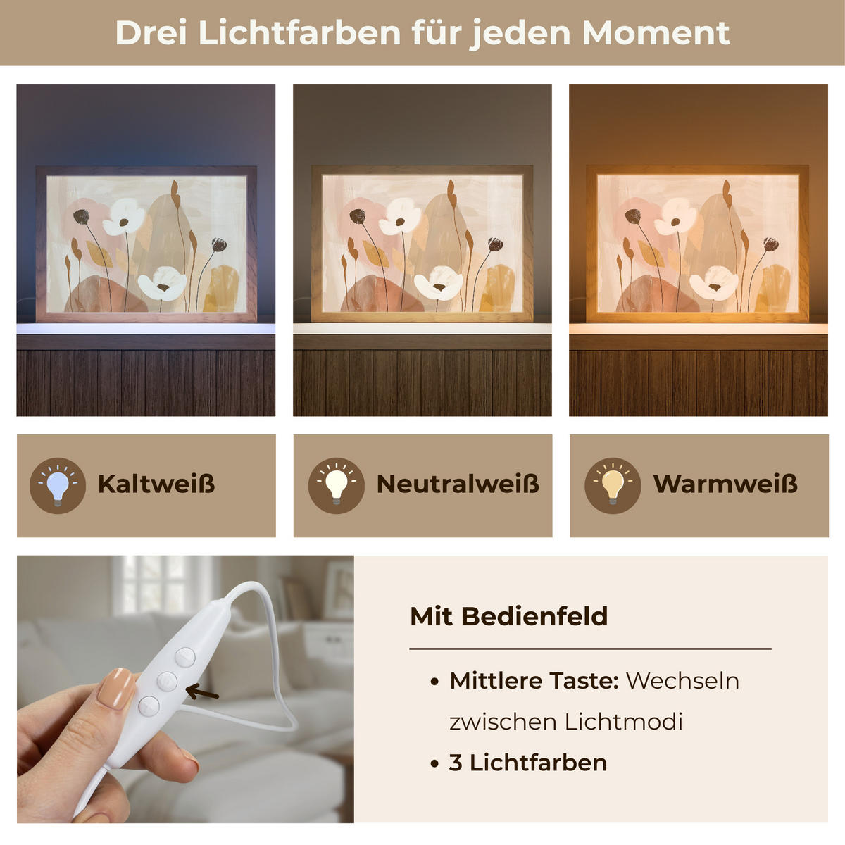 WANDLEUCHTE Blumen - Abstrakt - Beige - Strichzeichnung 30x20 cm - Sandfarben, Holzwerkstoff (30/20/8cm) - OnlyWow