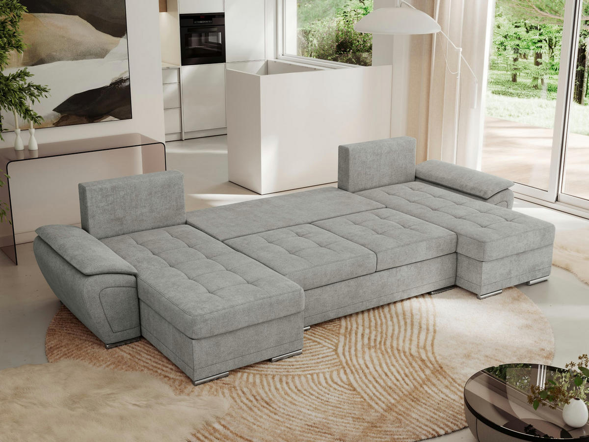 WOHNLANDSCHAFT UMBRIA U Hellgrau Stukture - Hellgrau/Grau, Textil/Metall (336/85/157cm) - MKS