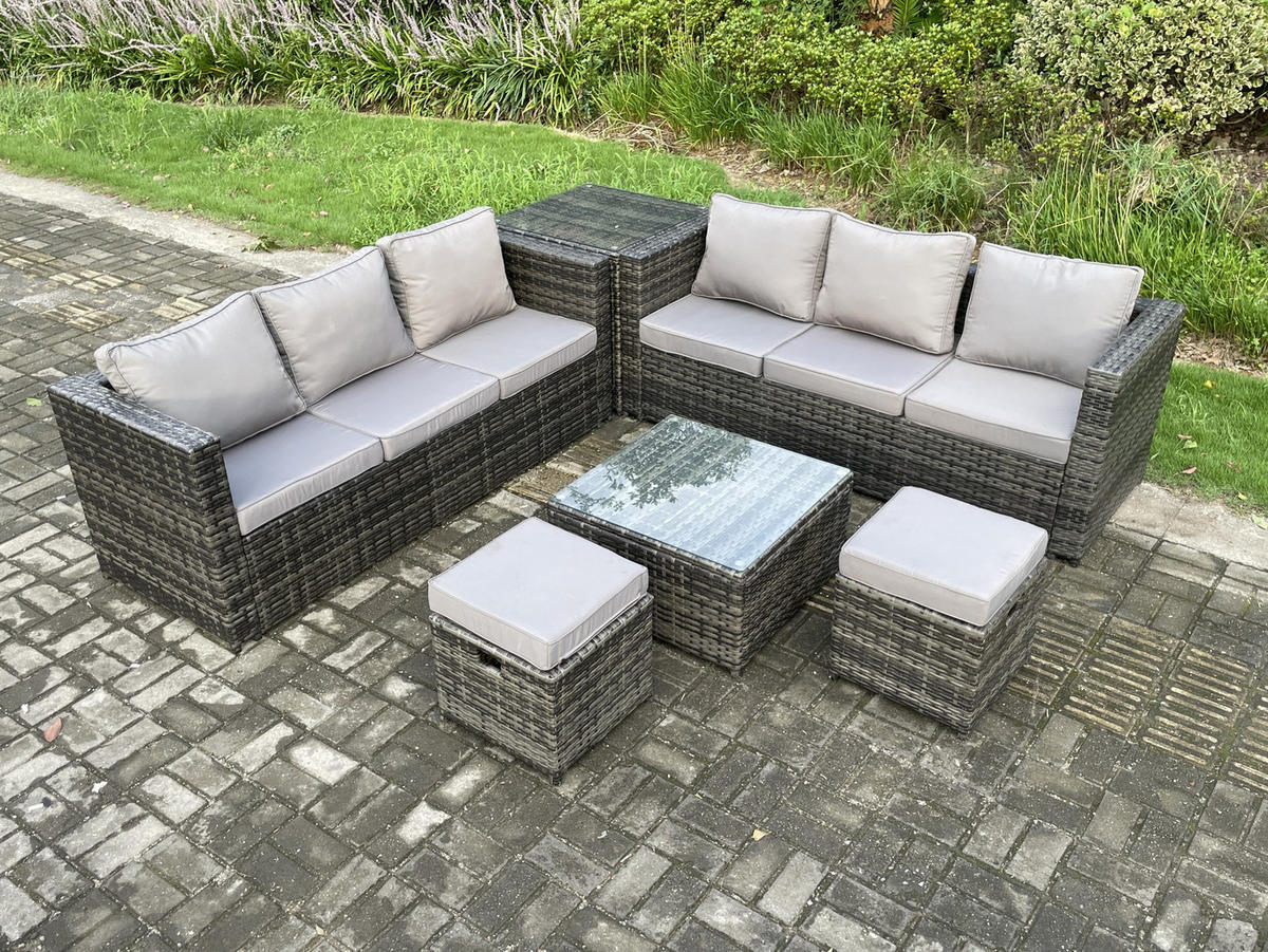 GARTENSET mit Couchtisch Polyrattan 8-Sitzer - Dunkelgrau, Metall - Fimous
