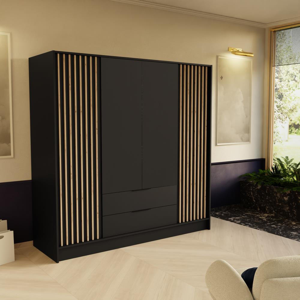 DREHTÜRENSCHRANK Nero 200/51/200 cm mit Lamellen schwarz - Schwarz, Holzwerkstoff (200/200/51cm) - Beautysofa