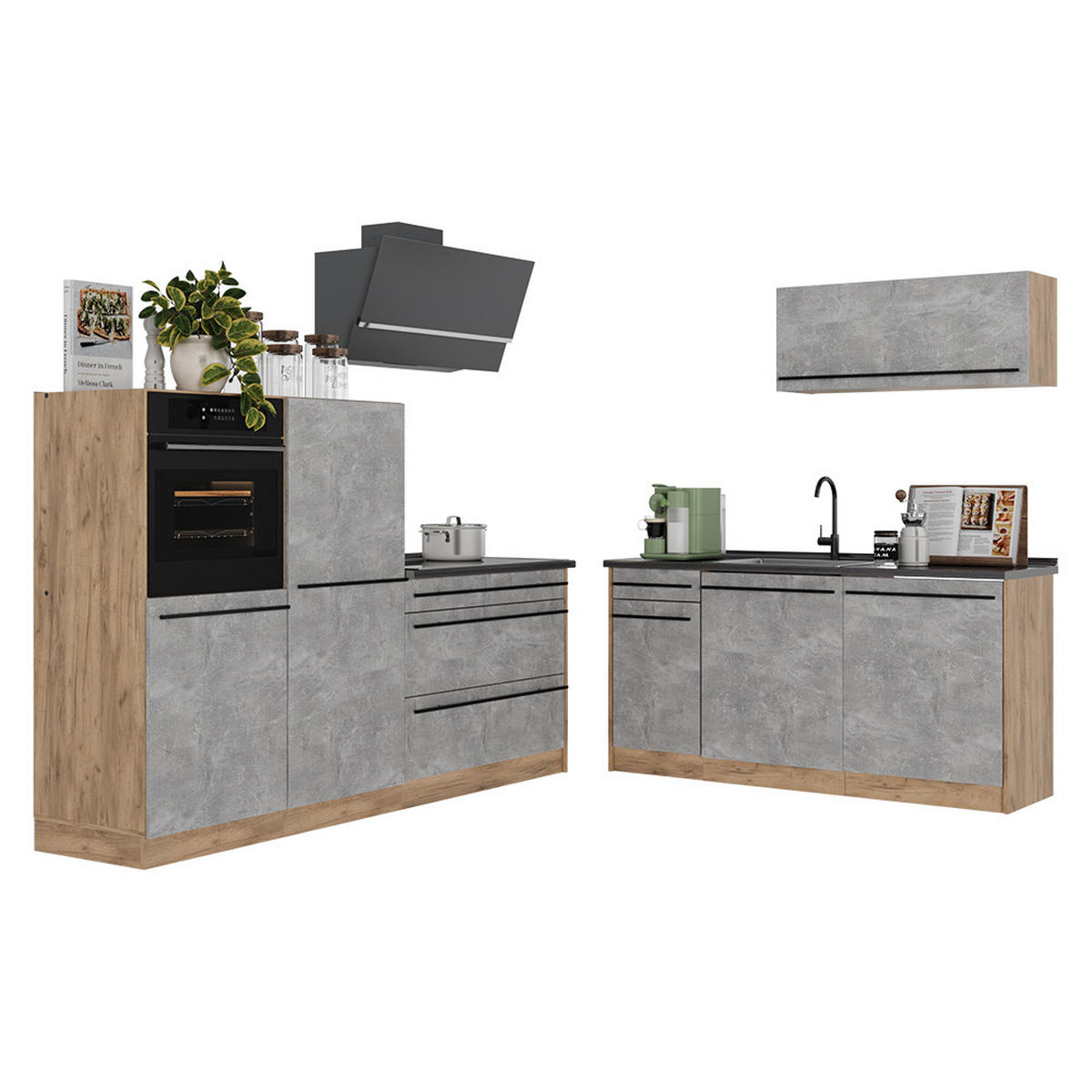 KÜCHENZEILE R-Line, Beton/Goldkraft Eiche, 220 cm ohne Arbeitsplatte - Eichefarben/Grau, Holzwerkstoff (220/143/46cm) - Vicco