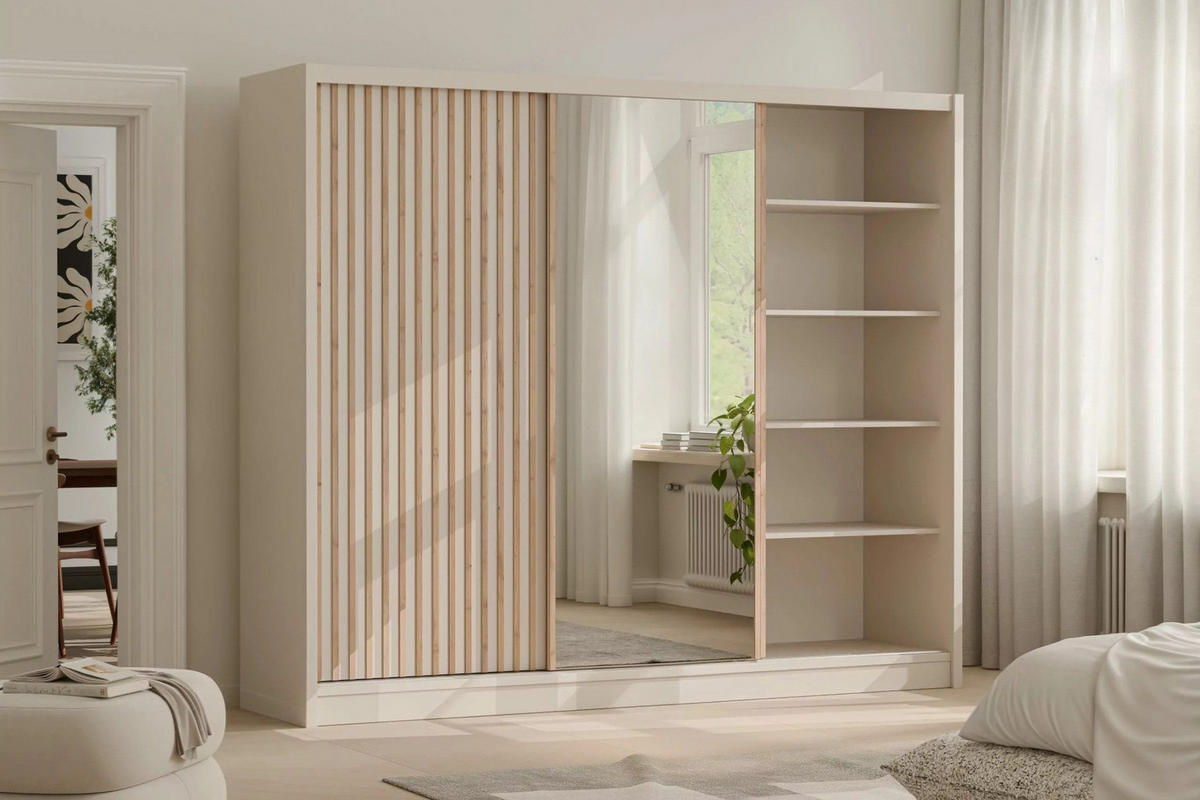 SCHWAEBETÜRENSCHRANK NEW YOURK LUX 250/215/61 cm in Kaschmir mit Lamellen und Spiegel - Kaschmir, Holzwerkstoff (250/215/61cm) - Deine Möbel 24