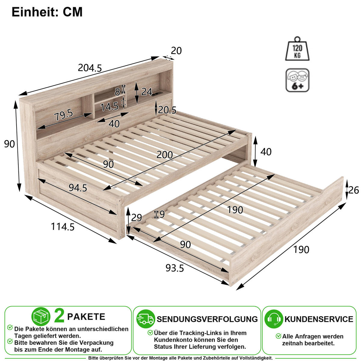 SCHLAFSOFA 90/200 cm & 90/190 cm in Natur mit Ausziehbett, LED und USB - Naturfarben, Holz/Holzwerkstoff (90/200cm) - CHICFURN