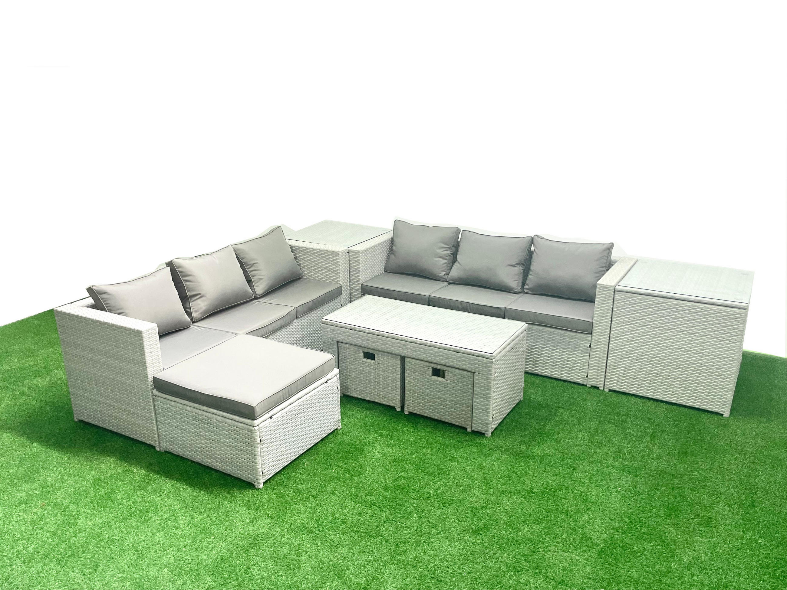 GARTENSOFA hohe Rückenlehne Polyrattan Hellgrau-Mix 9-Sitzer - Hellgrau/Grau, Glas/Kunststoff - Fimous