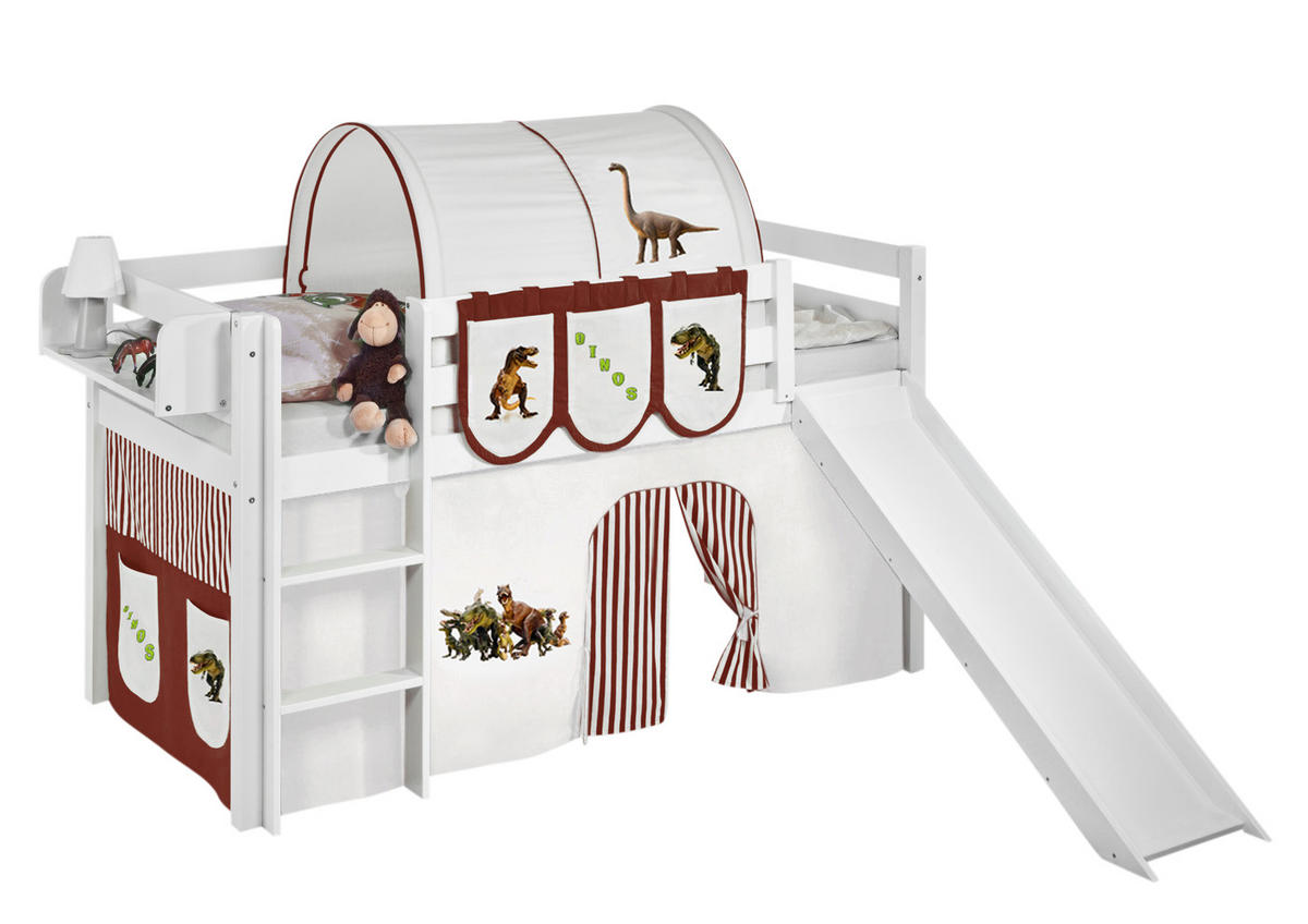 SPIELBETT JELLE Dinos Braun Beige - Hochbett - mit Rutsche und Vorhang - Weiß, Holz - Lilokids