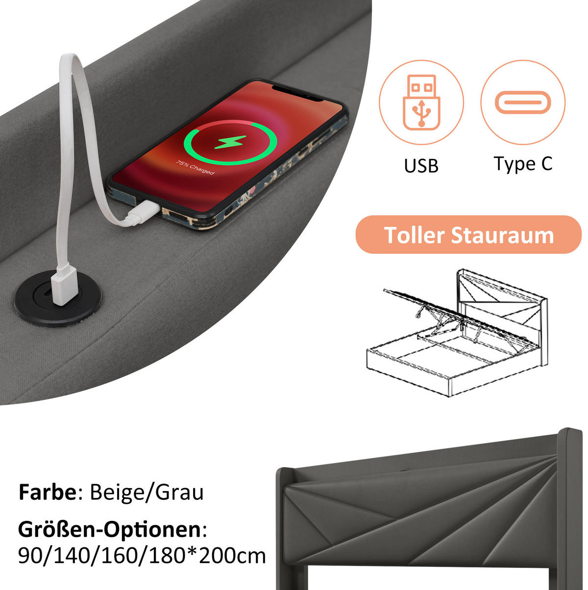 POLSTERBETT 90/200 cm Grau aus Baumwolle und Leinen mit Bettkasten und USB-Typ-C - Grau, Textil (90/200cm) - OKMYHOME