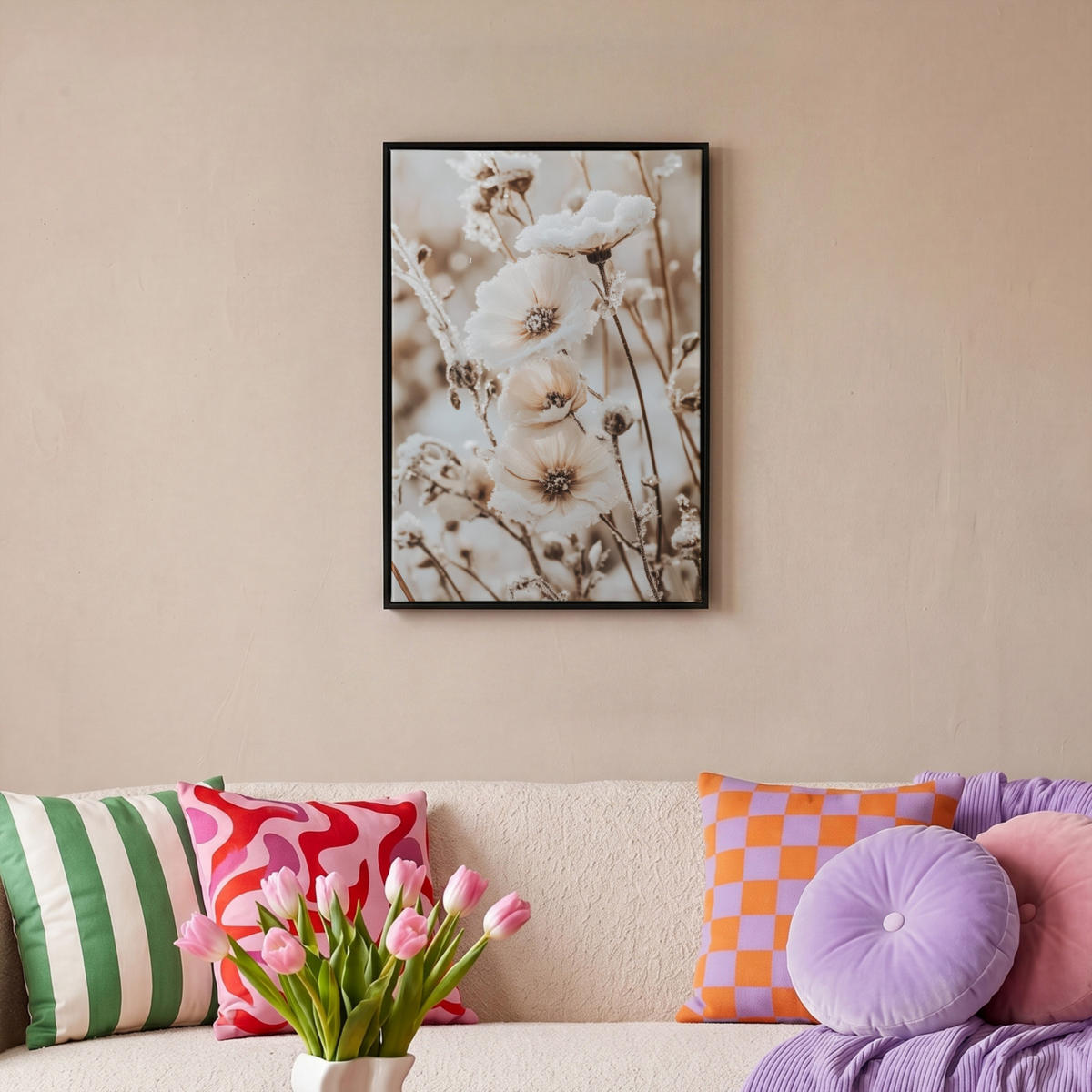 LEINWAND Bilder mit Rahmen - Blumen - Winter - Weiß - Schnee - Beige - 40x60 - Creme, Textil (40/60cm) - MuchoWow