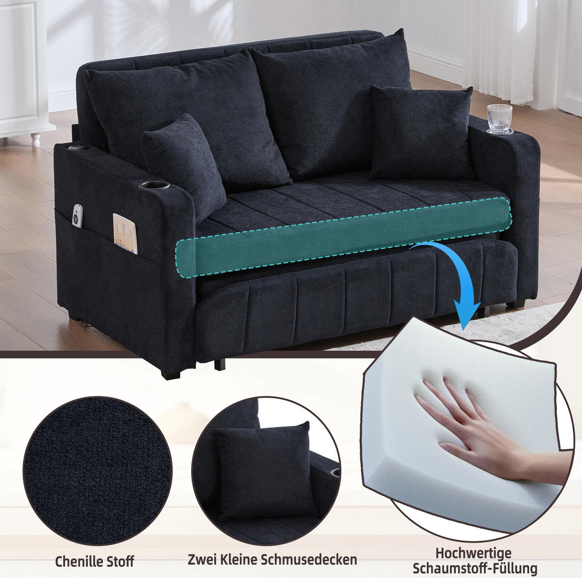 SCHLAFSOFA aus Chenille 139x83x73 cm in Schwarz mit Schlaffunktion - Schwarz, Textil (139/83/73cm) - Modfu
