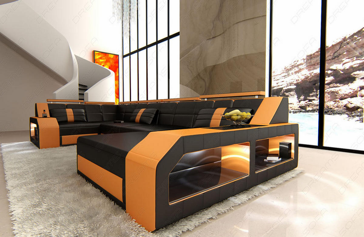 WOHNLANDSCHAFT Arezzo U - Schwarz/Orange, Leder (380/86/197cm) - Sofa Dreams