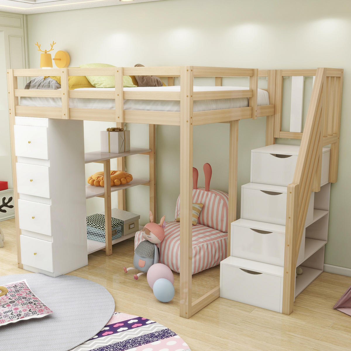 HOCHBETT 140/200 cm mit Aufbewahrungsschubladen und Sicherheitsleiter in Natur und Weiß - Hellbraun/Weiß, Holz (140/200cm) - OKWISH