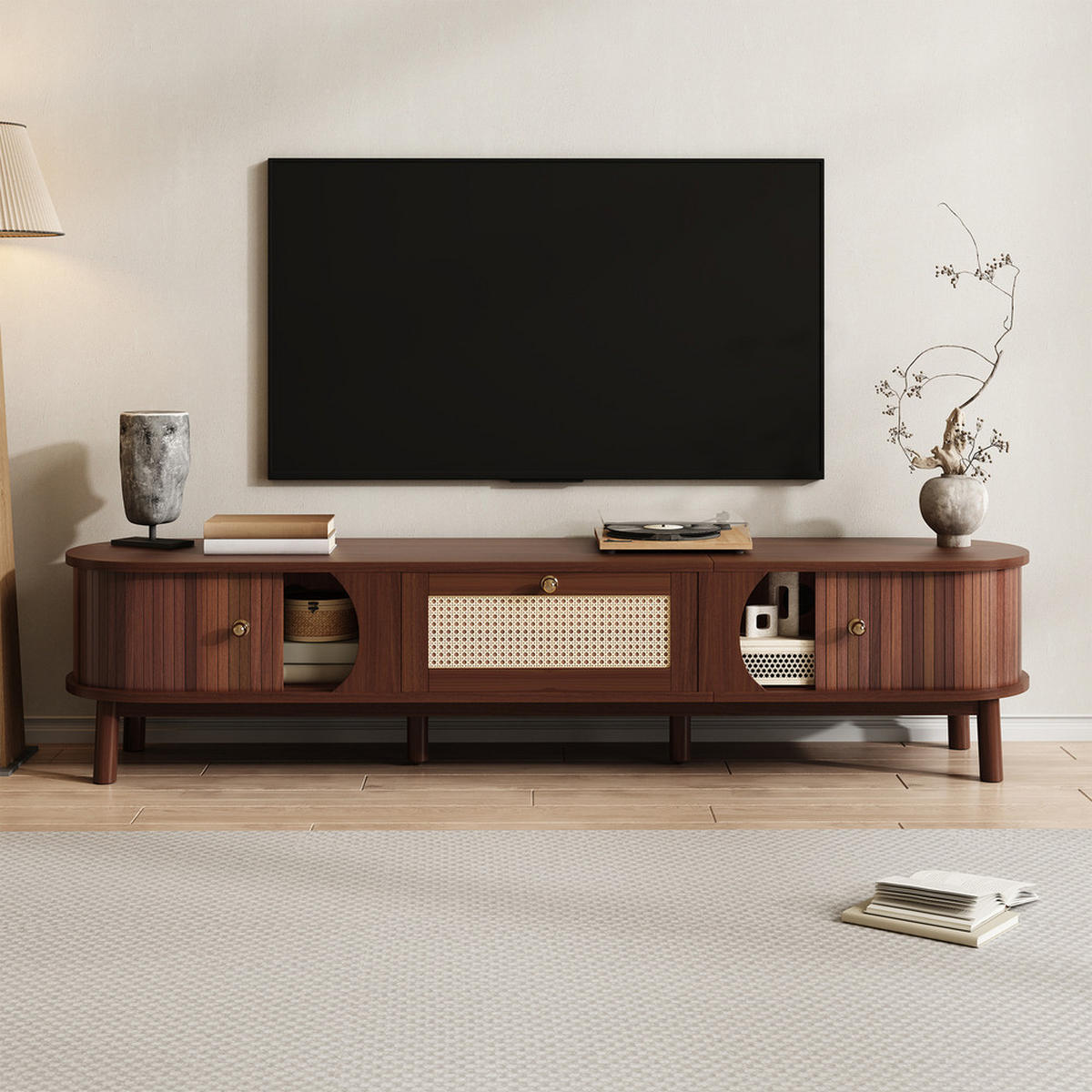 TV-SCHRANK Naturholz Türen Rattan Schubladen rustikal - Braun, Holz (48.5/17/128.5cm) - FLIEKS
