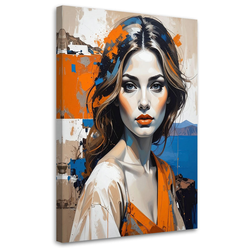 BILD auf Leinwand, Frauenporträt mit markanten Akzenten in Orange und Blau - Multicolor, Textil (20/30cm) - Feeby